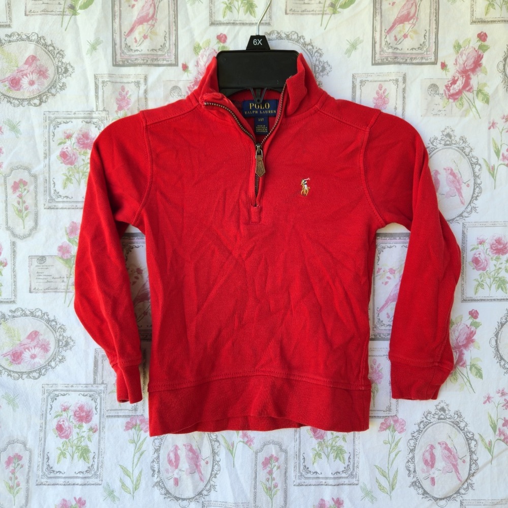 Boy's Polo Ralph Lauren Red 1/4 Zip Pullover Cotton Sweater Mock Neck Size 3/3T